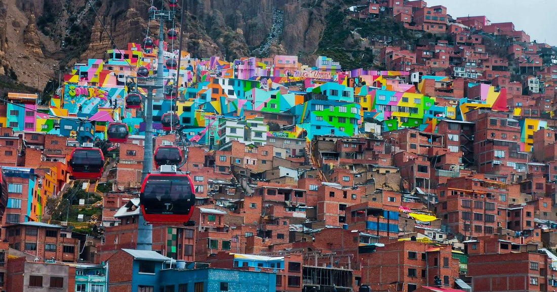 La Paz cable car system over the colourful hillside neighbourhood of El Alto, Bolivia