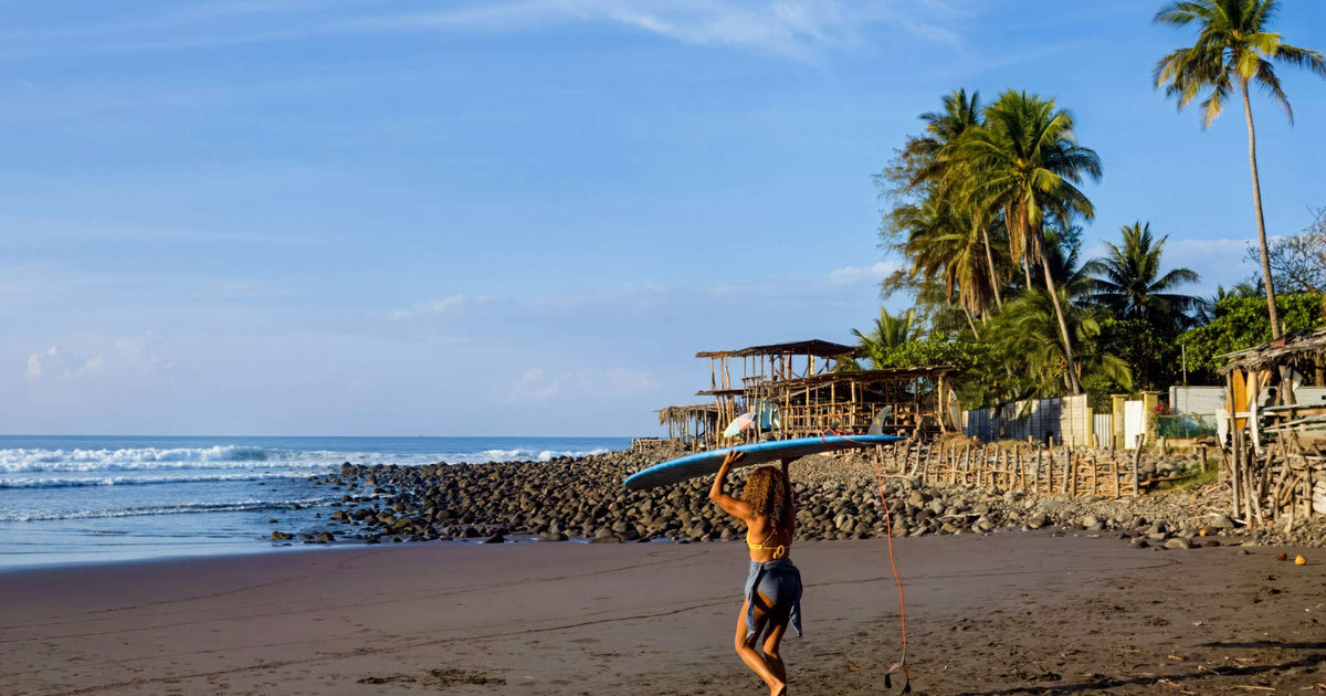 Surfer on El Salvador black-sand Pacific beach with palm trees and ocean waves