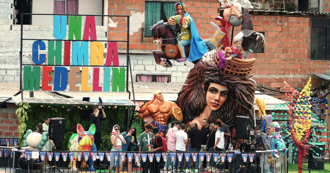 Colorful festival floats at a Medellin street celebration in Colombia