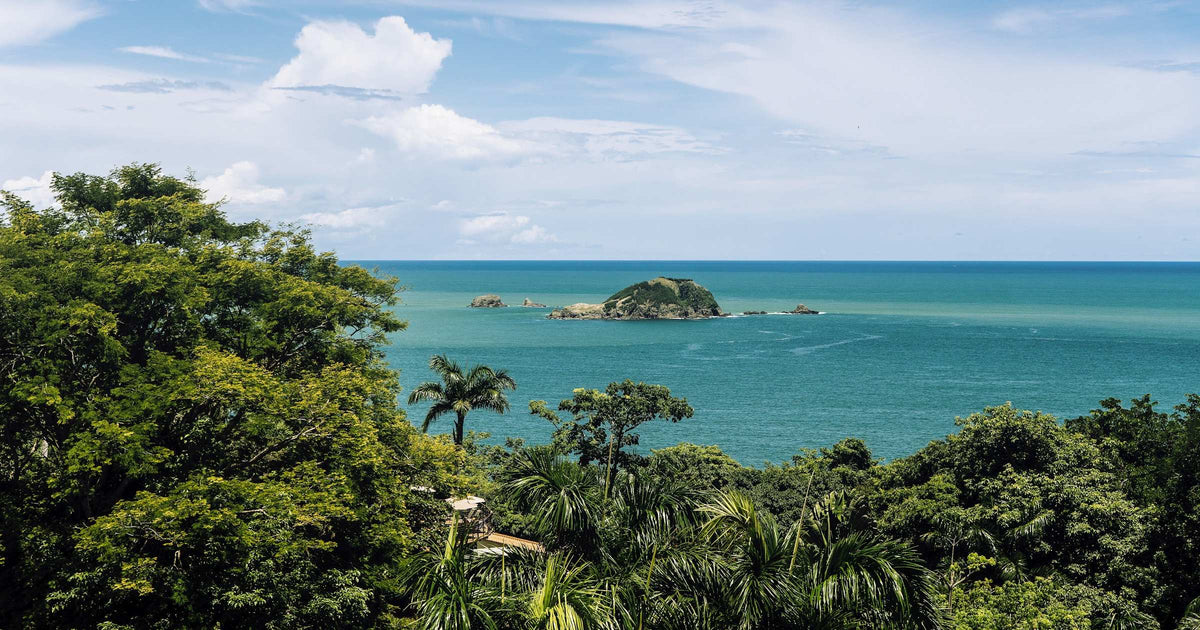 Lush green rainforest overlooking the turquoise Pacific coast in Costa Rica