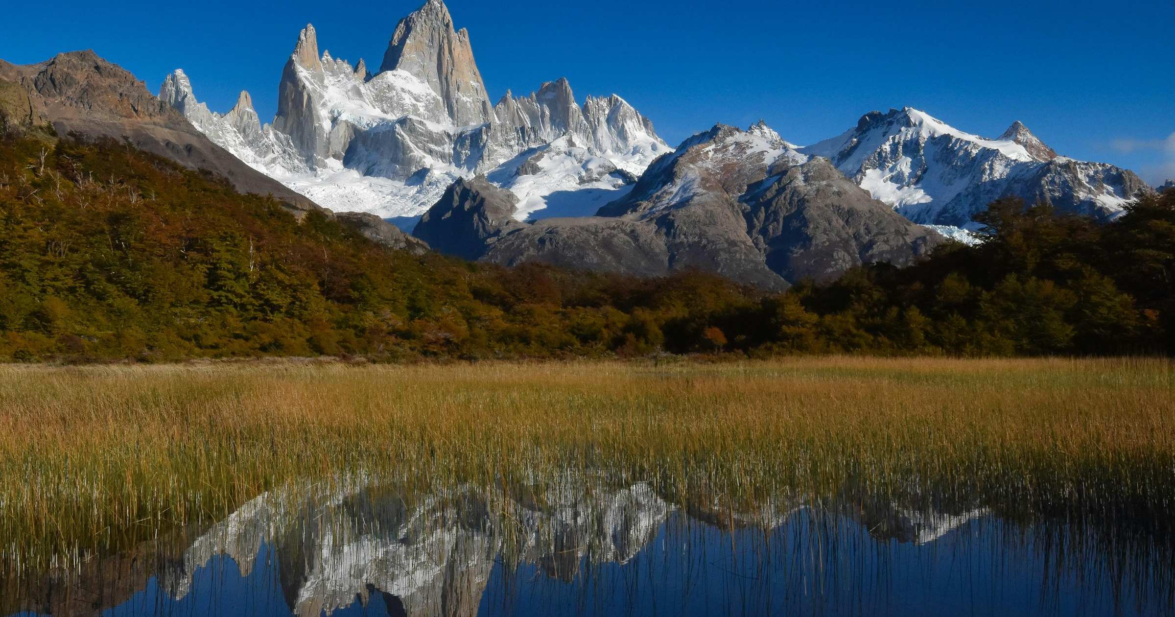 Mount Fitz Roy reflected in a mountain pond during autumn in Patagonia, Argentina