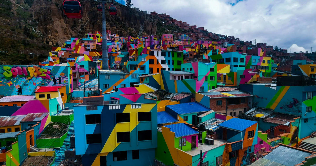 Colourful painted neighbourhood and cable car in La Paz, Bolivia