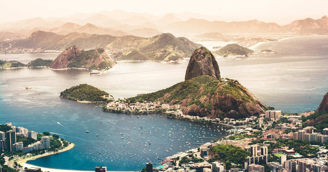 Aerial view of Rio de Janeiros Guanabara Bay with Sugarloaf Mountain and the citys urban coastline