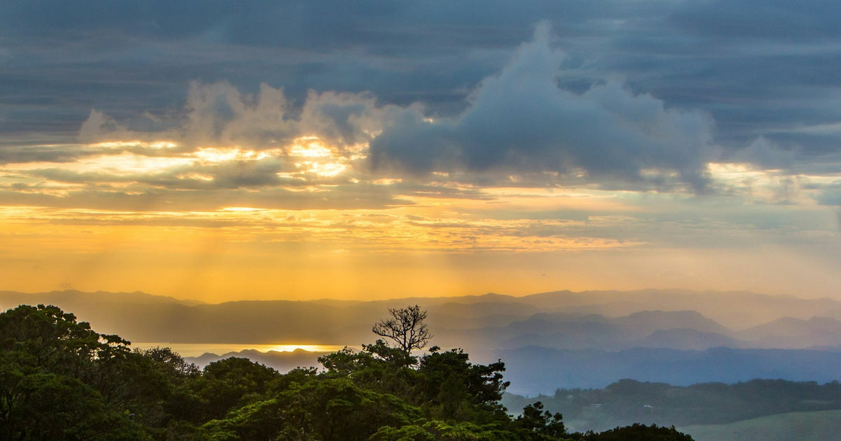 Golden-hour view over Costa Rica cloud forest and mountains, looking across Central America