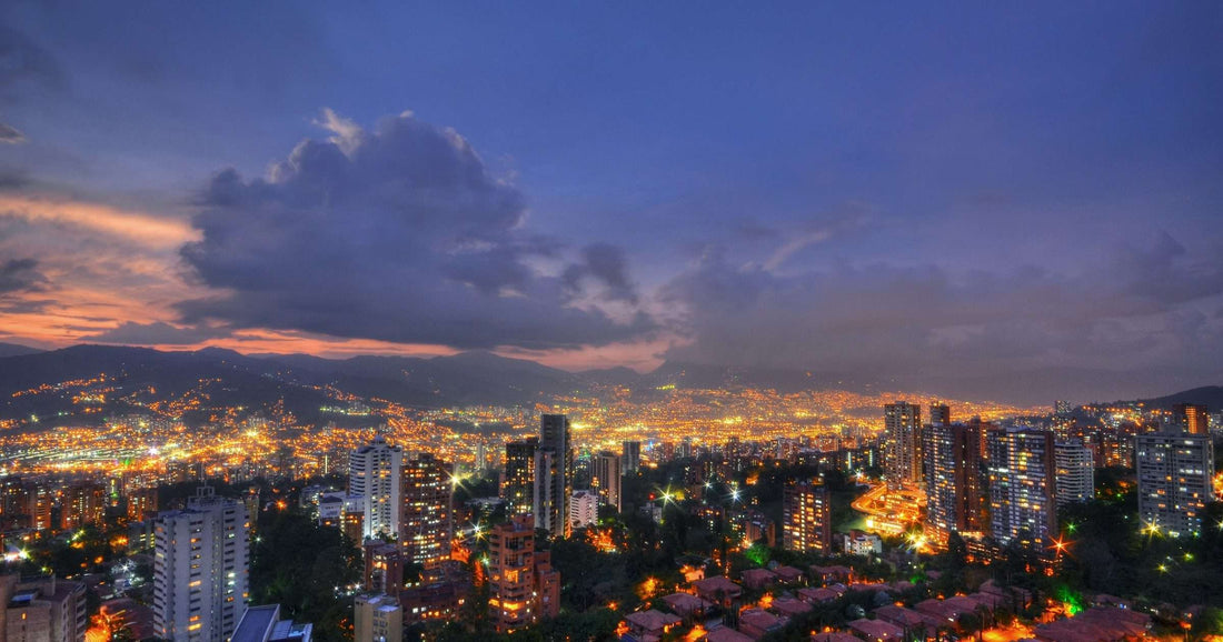 Medellin city lights at dusk in the Aburra Valley, Colombia