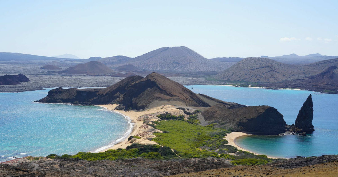 Panoramic view of the Galapagos Islands with Pinnacle Rock, twin beaches and volcanic peaks, Ecuador