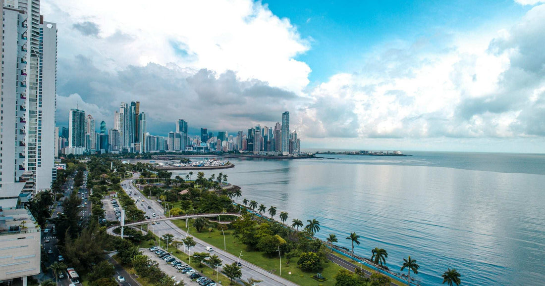 Aerial view of Panama Citys modern skyline along the Cinta Costera waterfront