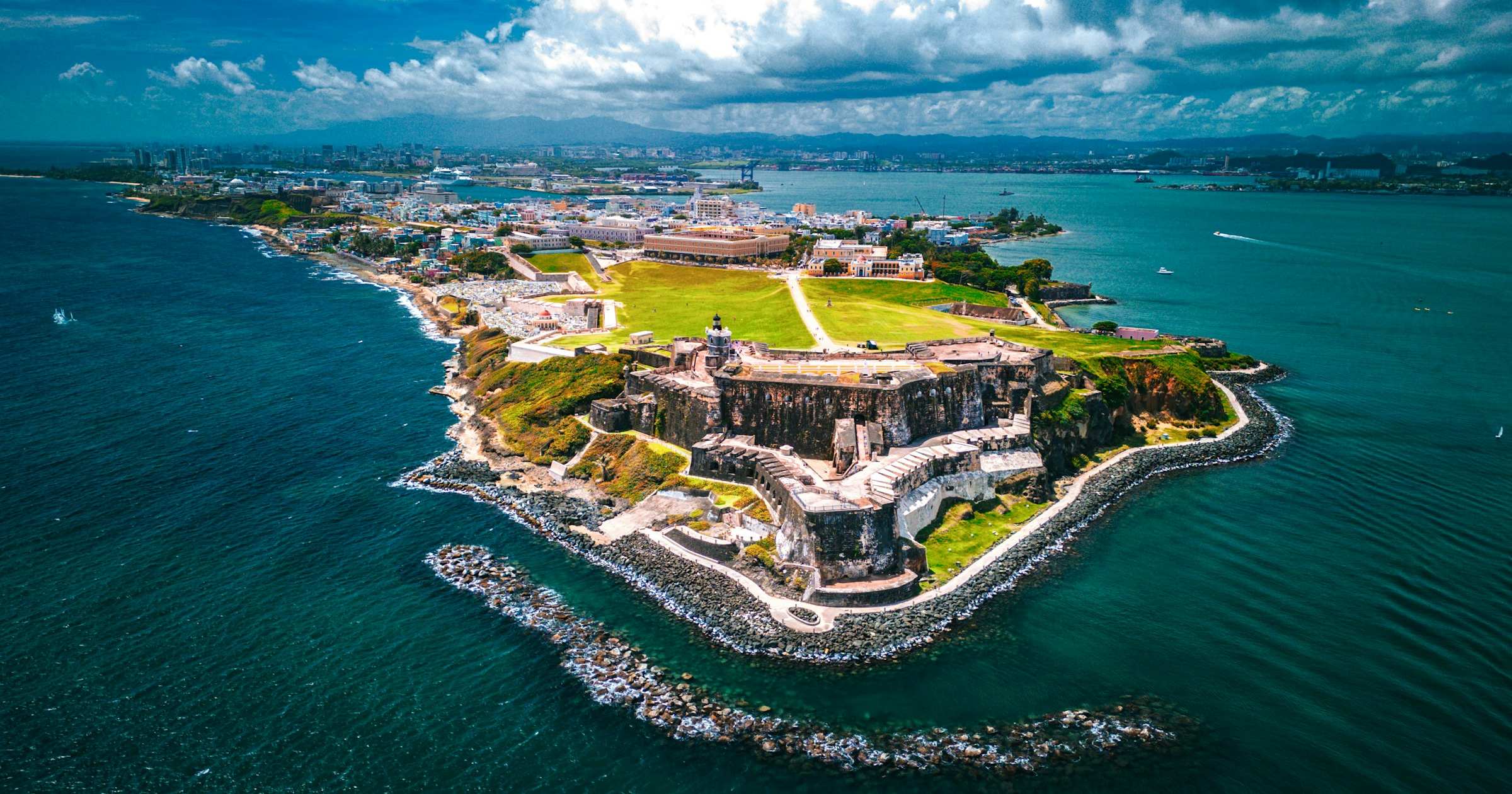 Aerial view of El Morro fortress in San Juan, Puerto Rico surrounded by the Caribbean Sea