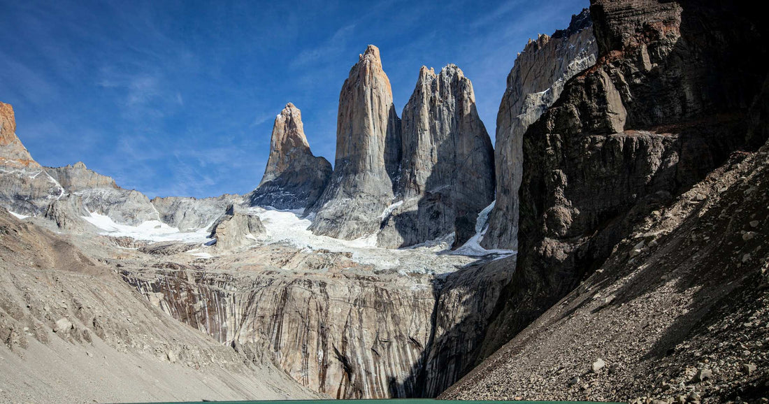 Torres del Paine granite towers above a turquoise lake in Chilean Patagonia