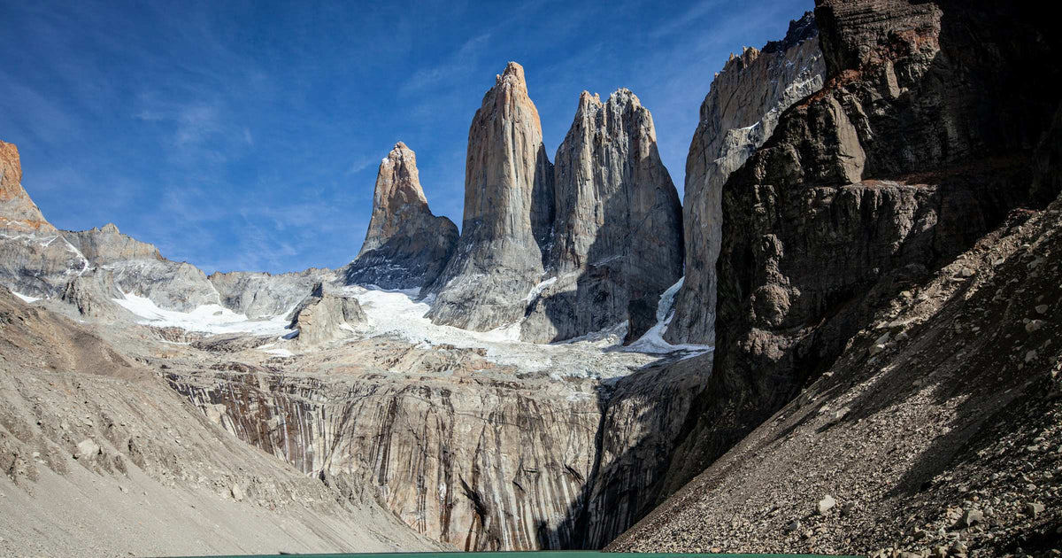 Torres del Paine granite towers above a turquoise lake in Chilean Patagonia