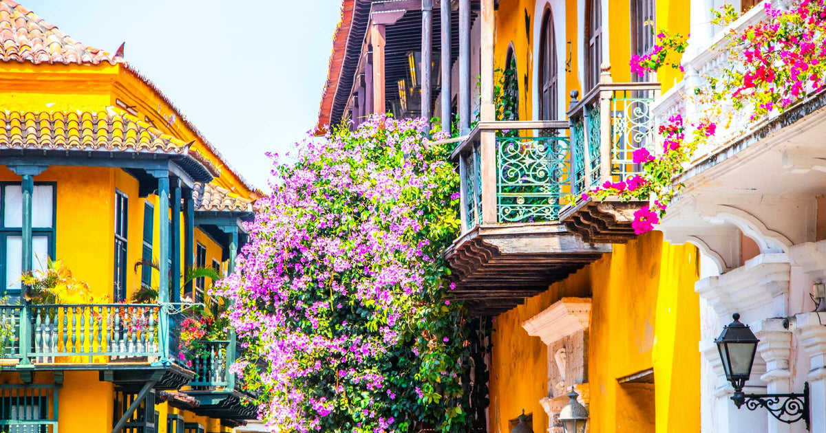 Colourful colonial balconies with bougainvillea in Cartagena, Colombia