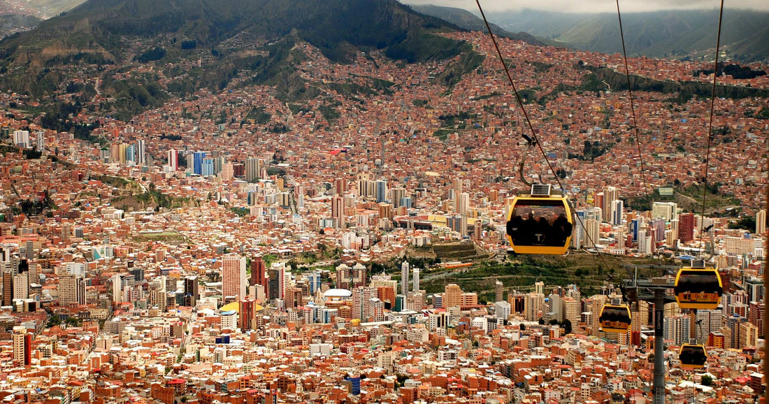 Aerial view of La Paz cable cars over Bolivia city with Andes mountains behind