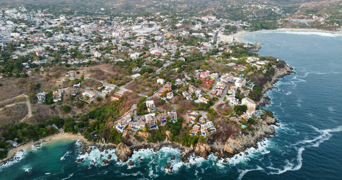 Aerial view of Puerto Escondido coastline and neighbourhoods, Oaxaca, Mexico