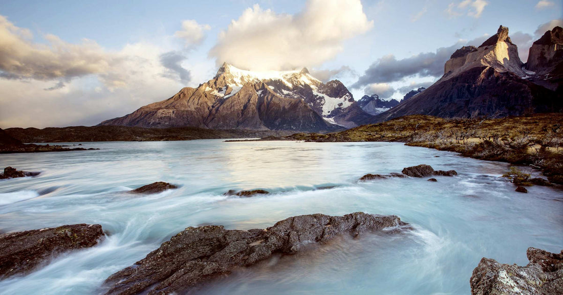 Glacial river and granite peaks of Torres del Paine, South America travel landscape