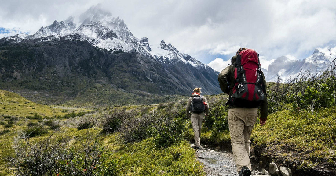 Two backpackers walk together along a Patagonia trail beneath snow-capped peaks in South America — a region with destinations generally considered safe for travellers.
