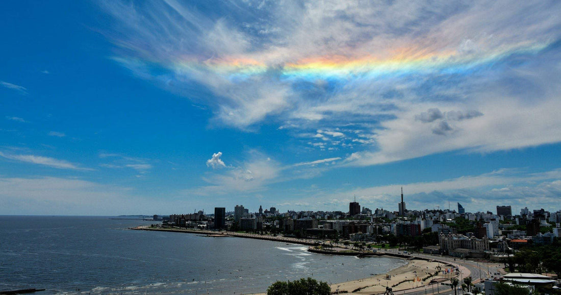 Montevideo coastline with a rare iridescent cloud over the skyline — Uruguay sits at US State Department Level 2 advisory in 2026, among South America's safest countries.