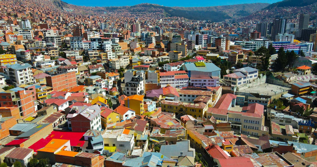 Aerial view of colorful La Paz, Bolivia — testing eSIM coverage across Bolivian and Peruvian cities in 2026.